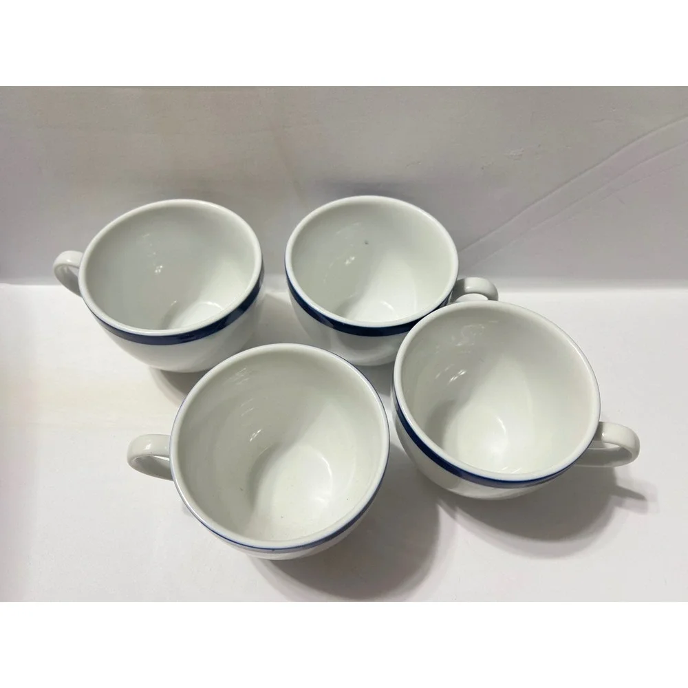 Williams Sonoma Brasserie Coffee Cups Set of 4 White Blue Rim Japan Bistro Mugs
